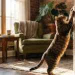 A tabby cat stretches its body against a tall, natural sisal scratching post in a sunlit living room.