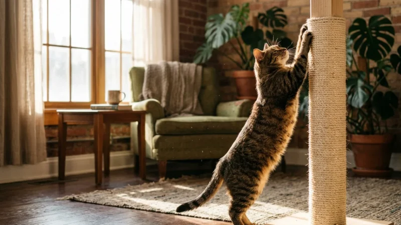 A tabby cat stretches its body against a tall, natural sisal scratching post in a sunlit living room.