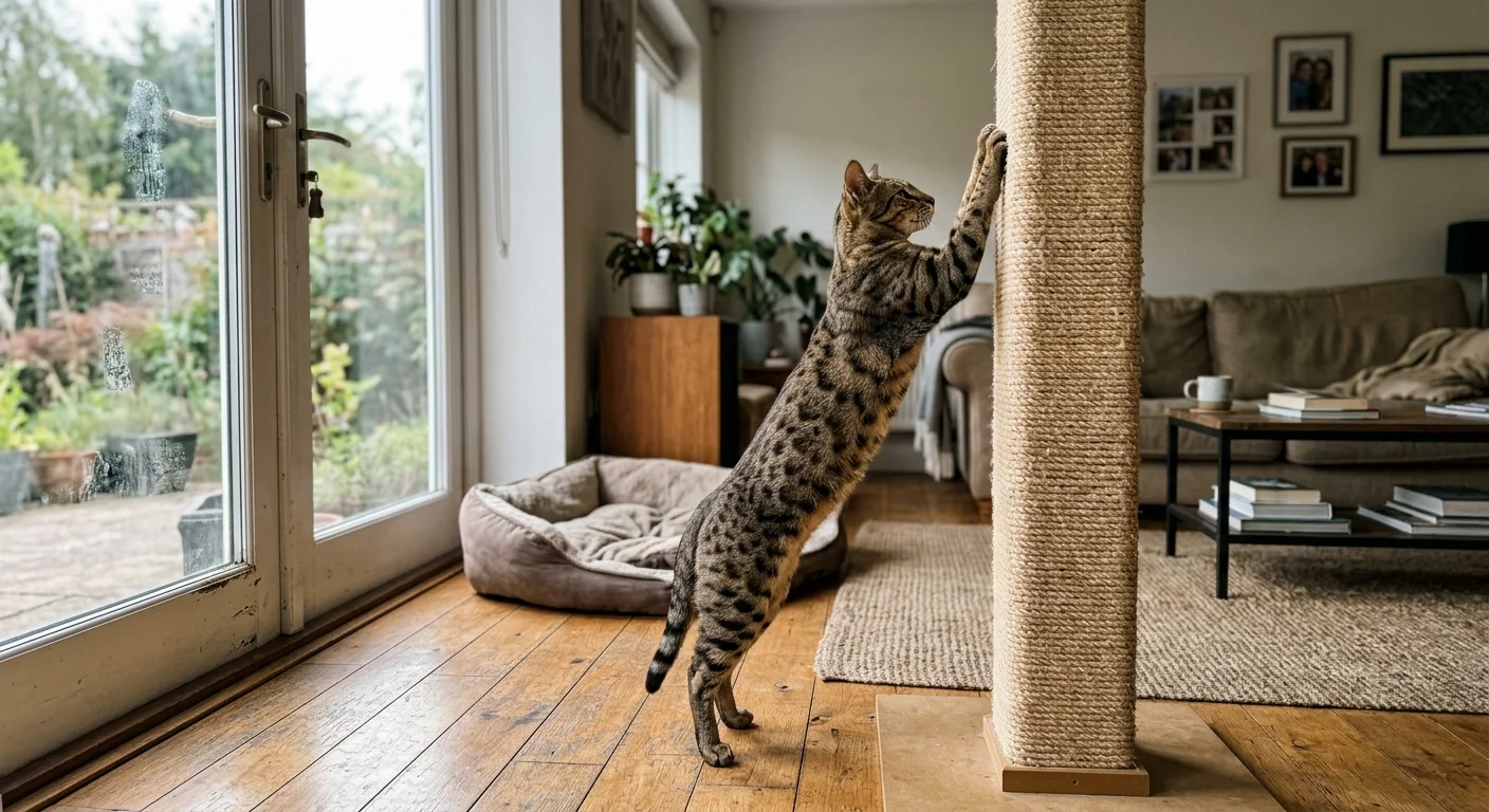 A tall Savannah cat stretches its muscular body up a high, sturdy floor-to-ceiling sisal scratching post in a modern living room.