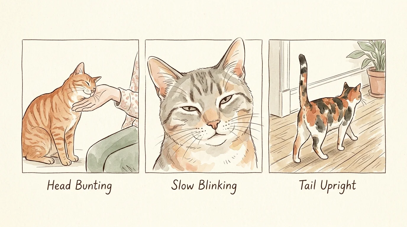 A three-panel watercolor illustration showing cats demonstrating head bunting, slow blinking, and tail upright gestures.