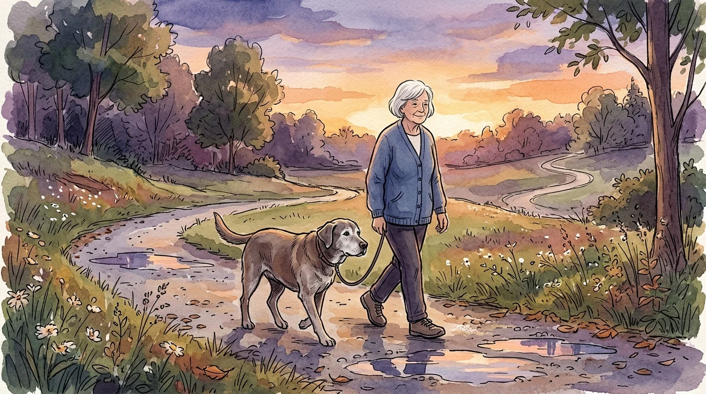 A tranquil watercolor illustration of a person and an older dog walking side-by-side along a path during sunset.