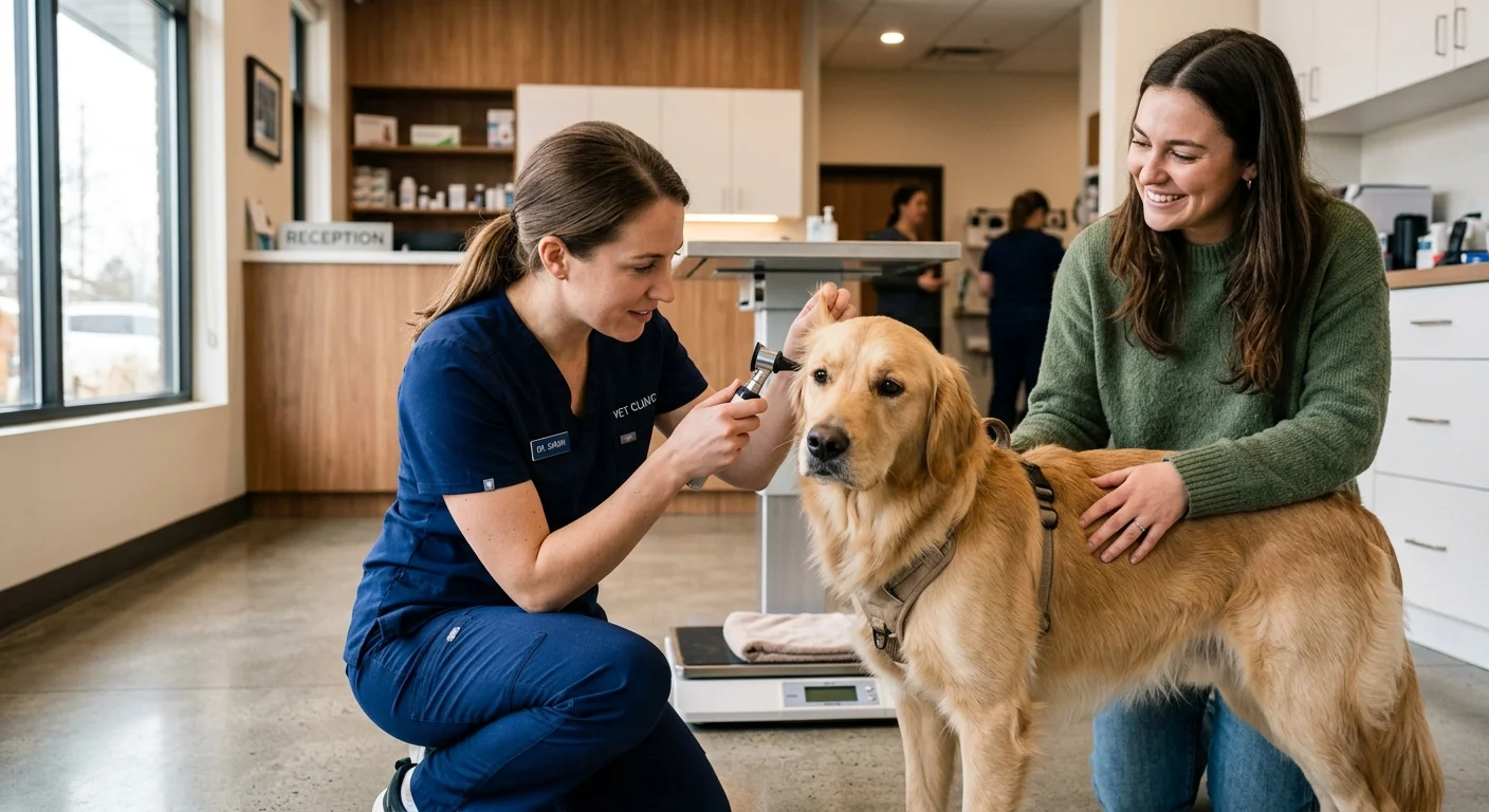 A veterinarian in navy scrubs examines a Golden Retriever's ears in a warm, welcoming clinic while the owner comforts the dog.