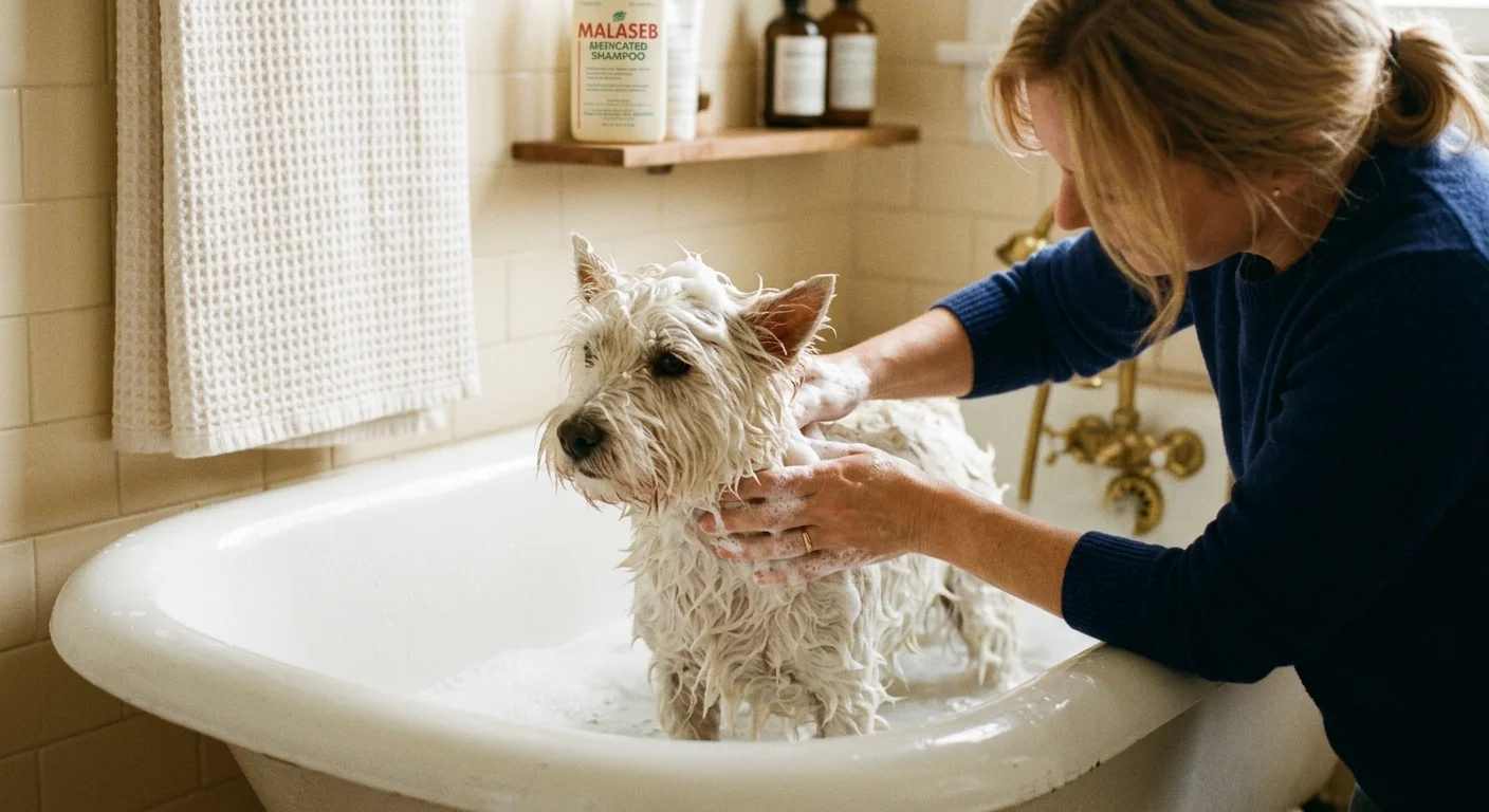 A warm, film-grain photo of an owner washing a wet, soapy West Highland White Terrier in a home bathtub.