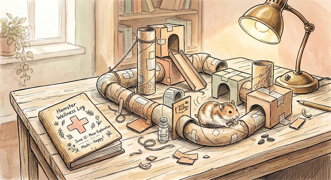 A warm watercolor illustration of a hamster navigating a cozy cardboard tube maze on a desk.