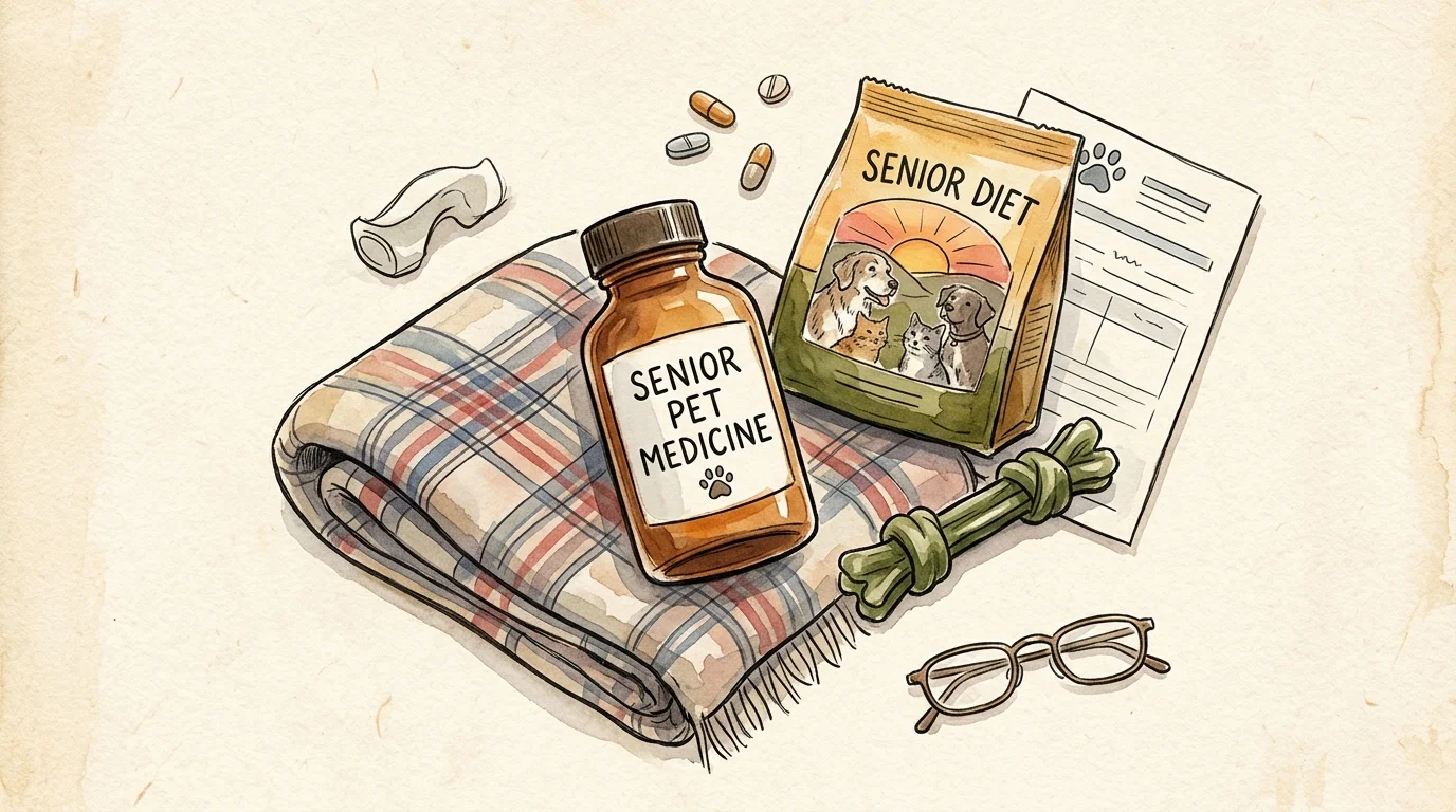 A watercolor flat-lay of senior pet care items, including a medicine bottle, food, a dental chew, and a cozy blanket.