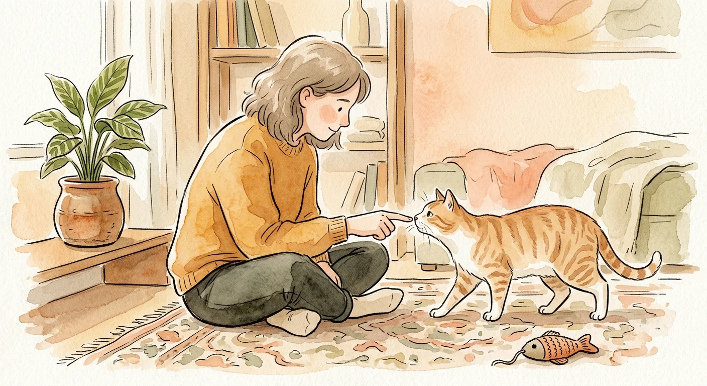 A watercolor illustration of a person sitting on a rug, extending a finger for a curious cat to sniff in a cozy living room.