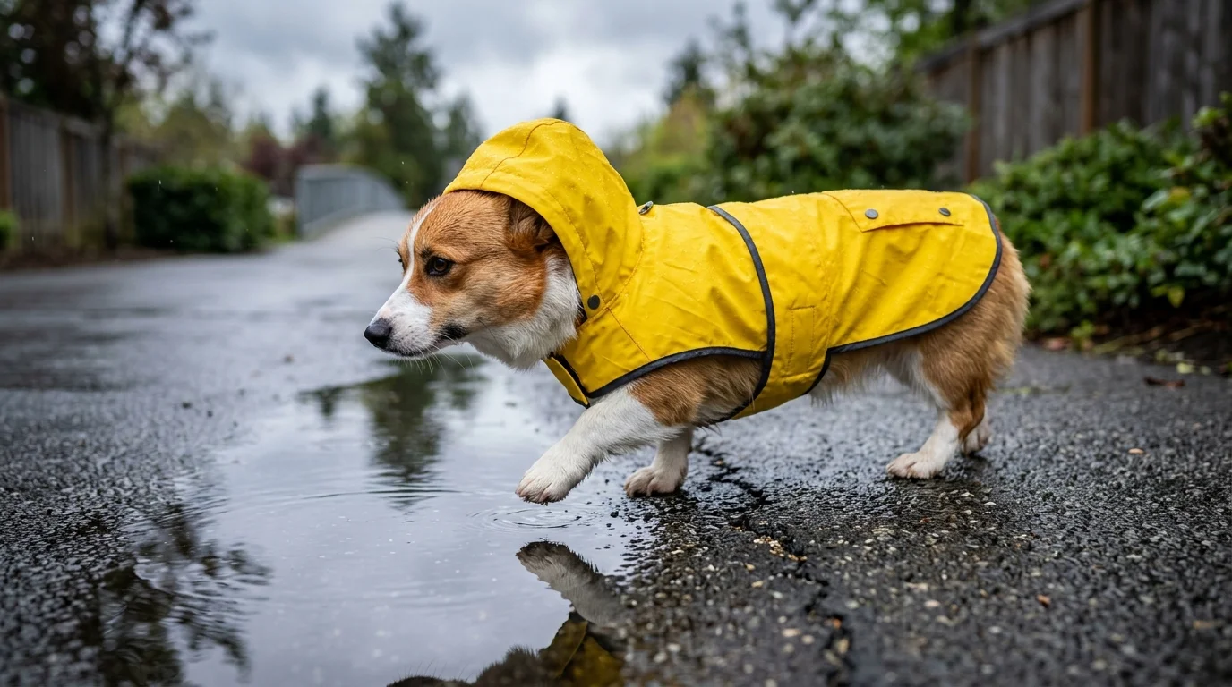 A Welsh Corgi wearing a yellow raincoat walks carefully on a damp sidewalk, deliberately stepping around a puddle.