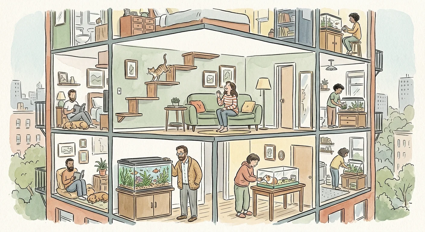 A whimsical watercolor cross-section illustration of an apartment building showing residents with various quiet pets.