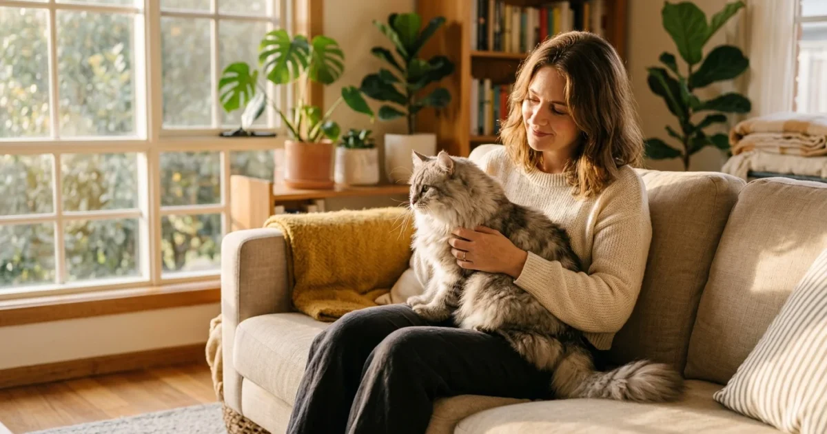A woman sits on a cozy sofa during golden hour, holding a fluffy grey and white Siberian cat in a warm, sunlit living room.