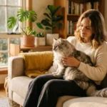 A woman sits on a cozy sofa during golden hour, holding a fluffy grey and white Siberian cat in a warm, sunlit living room.