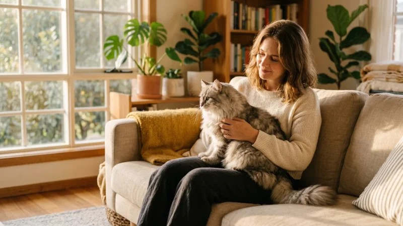 A woman sits on a cozy sofa during golden hour, holding a fluffy grey and white Siberian cat in a warm, sunlit living room.