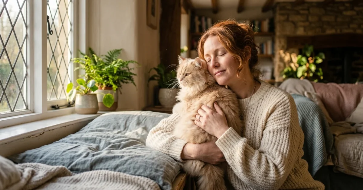 An adult woman holding a fluffy cream-colored cat close to her chest on a sunny window seat, depicting a warm, affectionate bond.