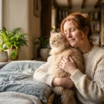 An adult woman holding a fluffy cream-colored cat close to her chest on a sunny window seat, depicting a warm, affectionate bond.