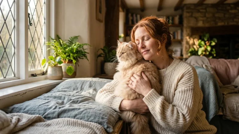 An adult woman holding a fluffy cream-colored cat close to her chest on a sunny window seat, depicting a warm, affectionate bond.
