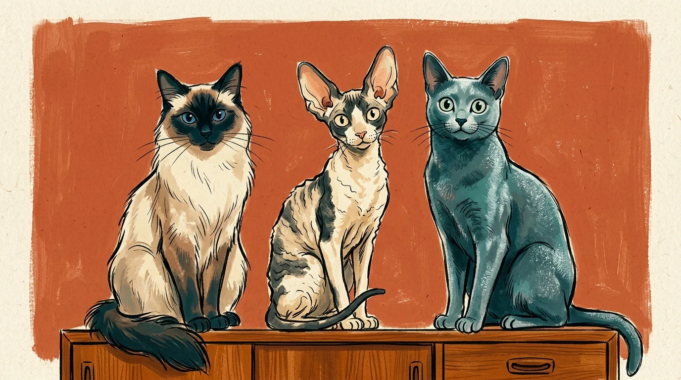 An artistic illustration featuring a Balinese cat, a Cornish Rex, and a Russian Blue cat sitting on a credenza.