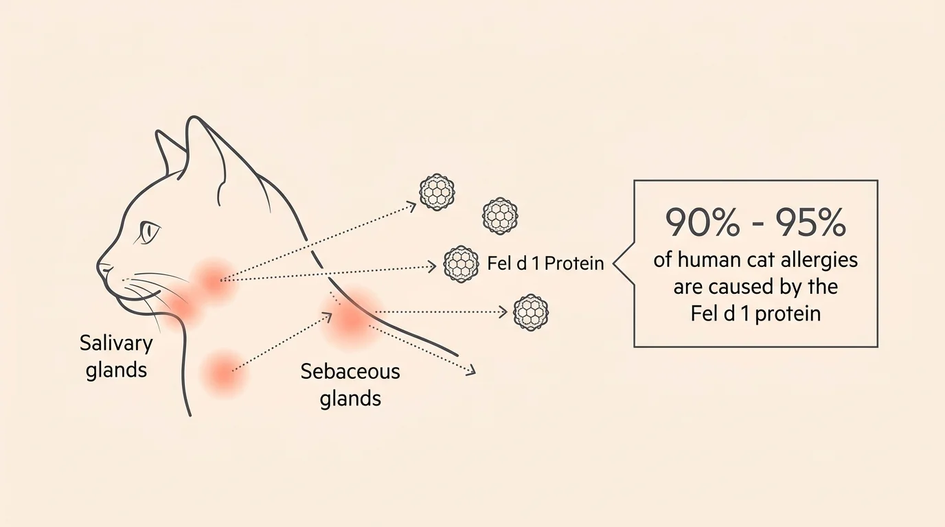 An editorial diagram showing where a cat produces the Fel d 1 protein and how it becomes airborne.
