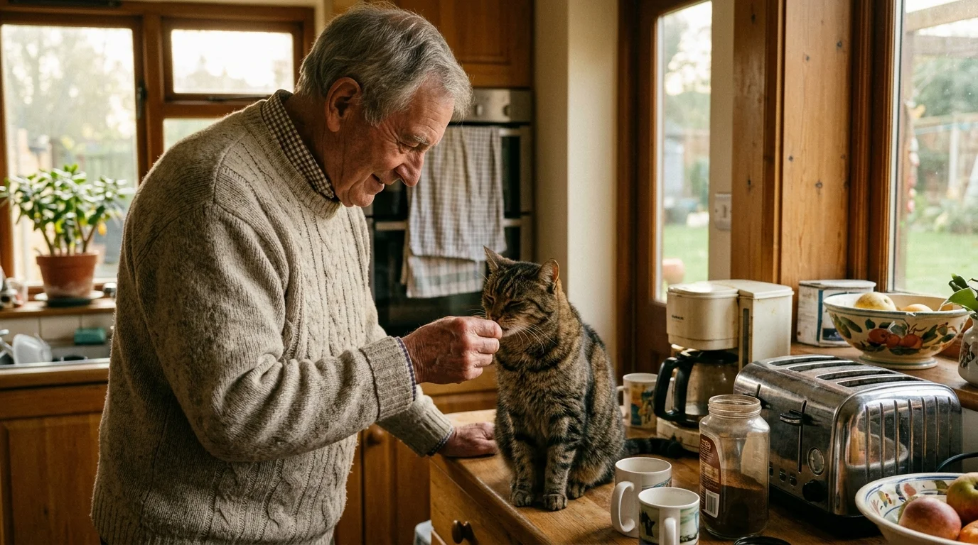 An elderly man in a cozy kitchen smiles as he feeds a treat to an older tabby cat sitting on the counter.