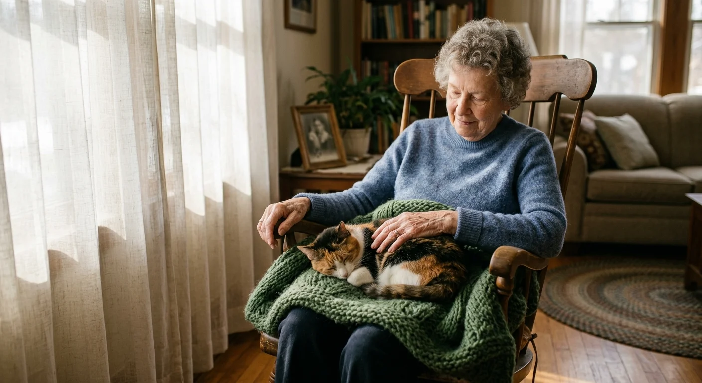 An elderly woman sits in a rocking chair with a sleeping calico cat curled up on her lap under a knitted blanket.