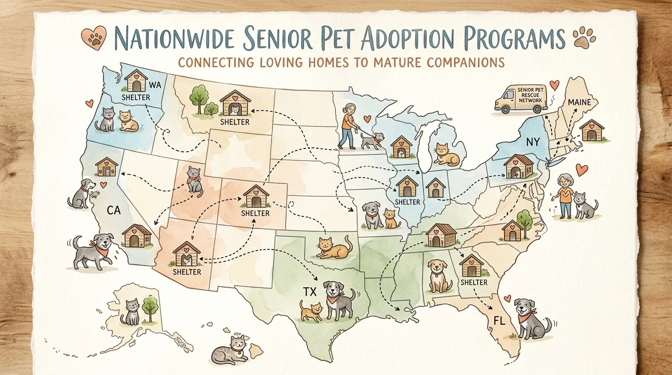An illustrated map of the United States featuring warm watercolor sketches of dogs, cats, and local animal shelter icons.