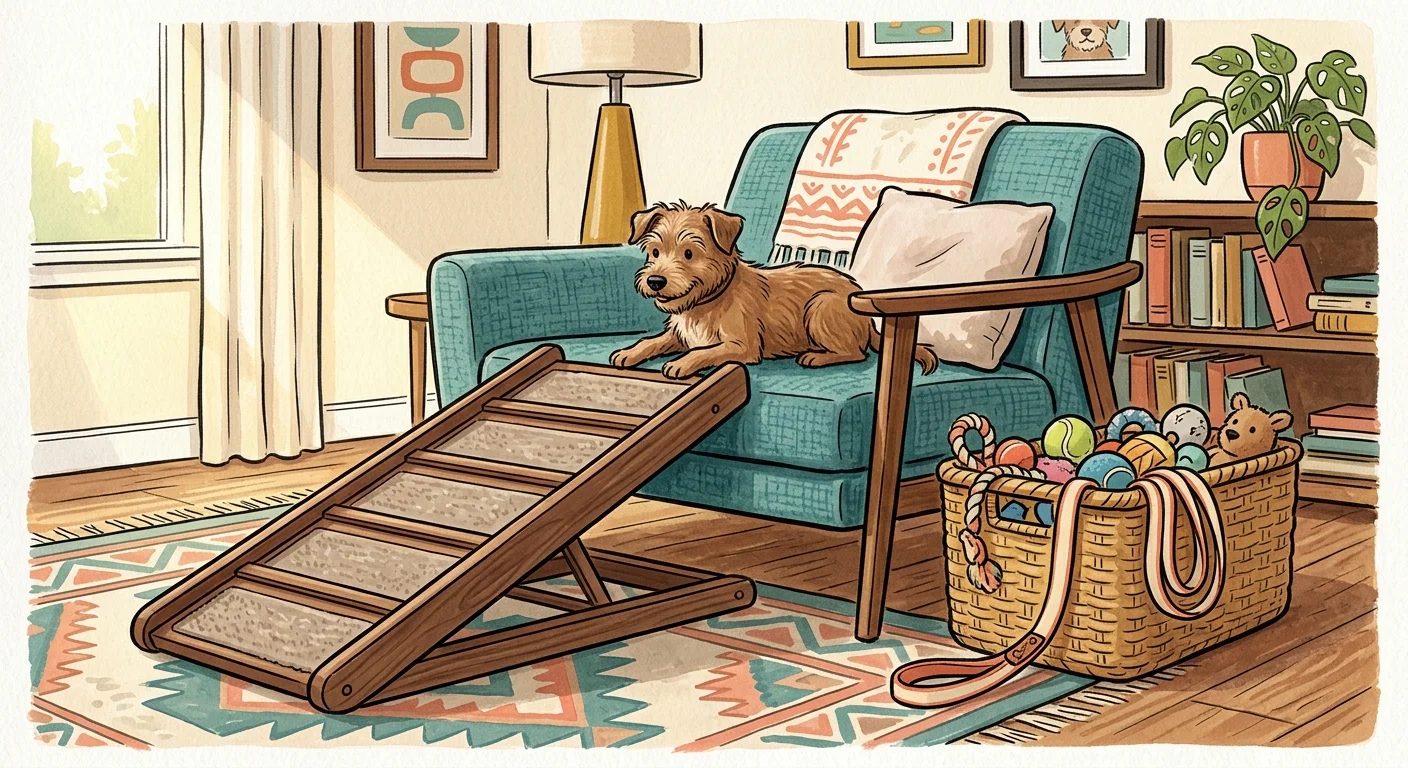 An illustration of a cozy living room featuring a wooden pet ramp next to a comfortable armchair.