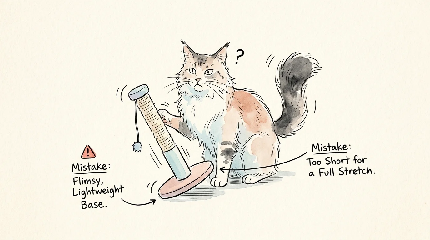 An illustration of a large cat attempting to use a tiny, tipping scratching post, highlighting common purchasing mistakes.