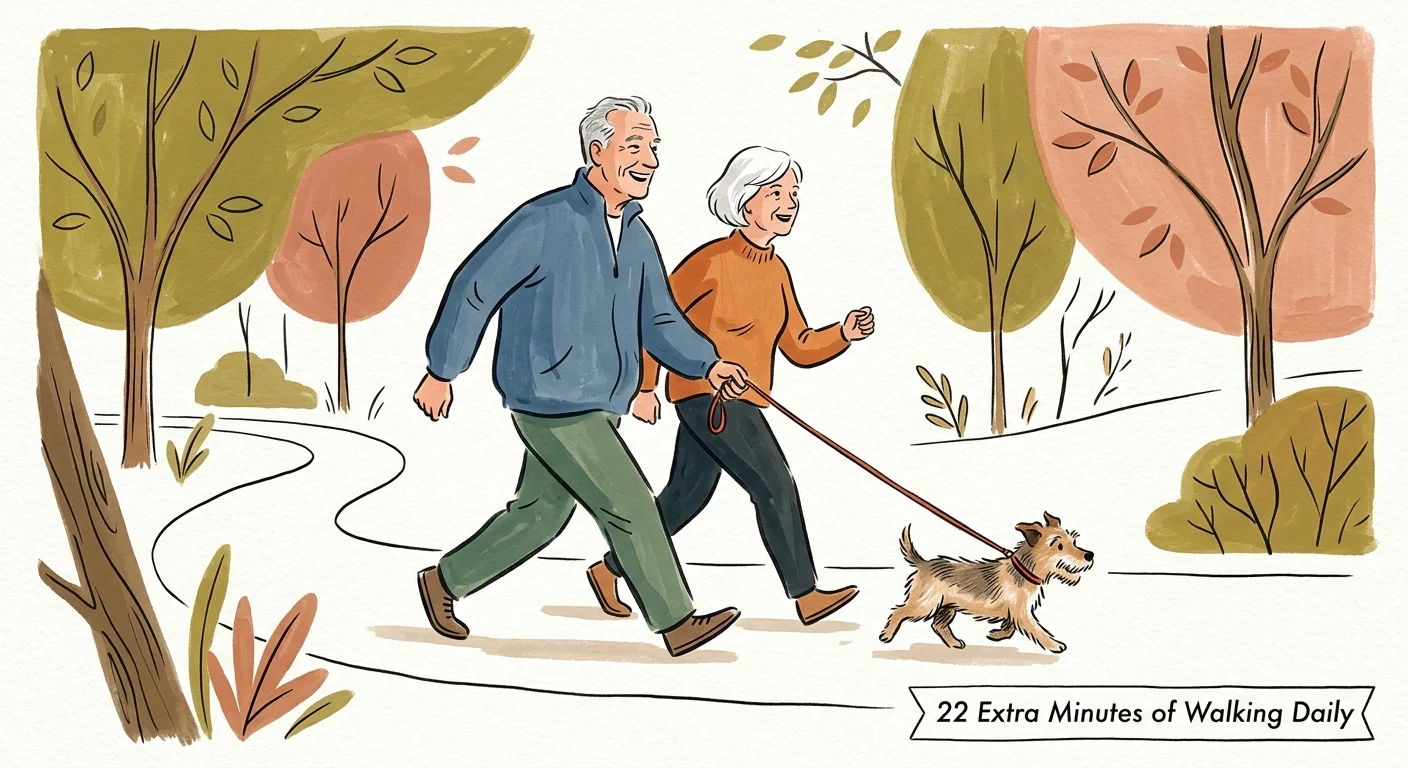 An illustration of a senior couple walking their dog in a park, with text reading '22 Extra Minutes of Walking Daily'.