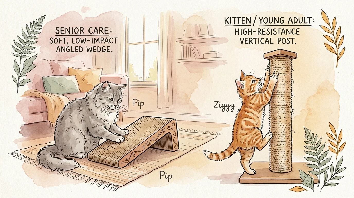 An illustration showing a senior cat using a low-angled scratcher and a playful kitten climbing a tall vertical post.