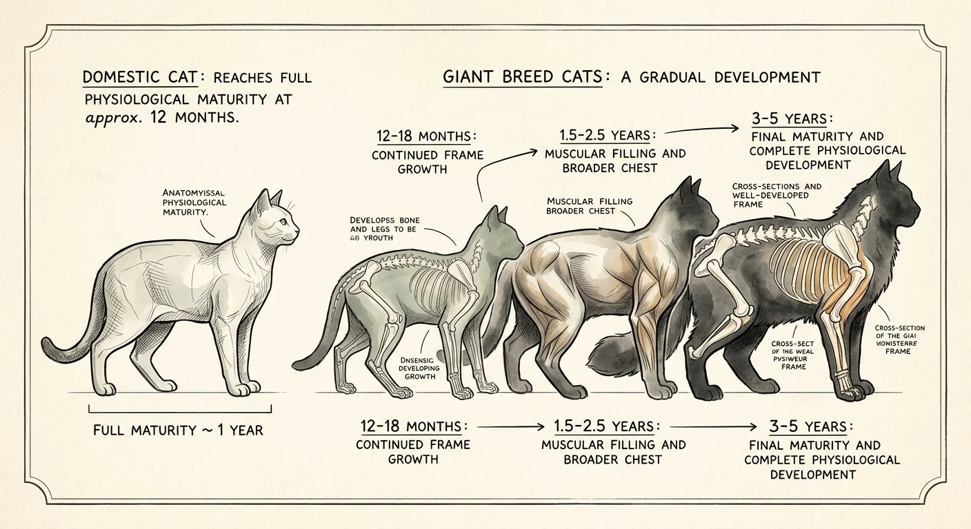 An ink and watercolor diagram comparing the 12-month growth of a standard cat with the slow 3 to 5 year growth of a giant cat breed.