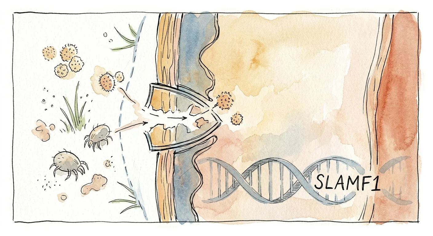 An ink and watercolor illustration showing a dog's compromised skin barrier with microscopic allergens and the SLAMF1 gene label.