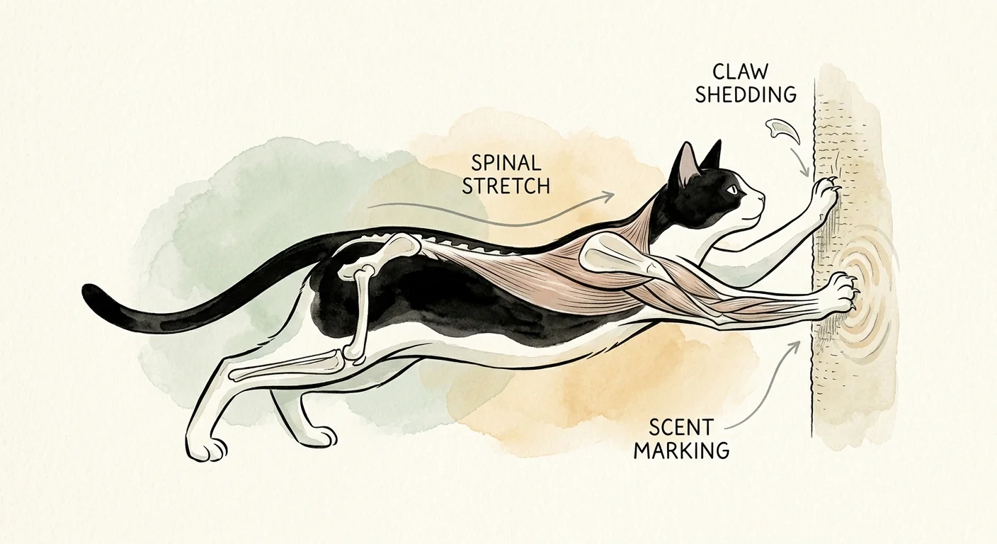 An ink and watercolor illustration showing the physical benefits of cat scratching, including claw shedding and stretching.