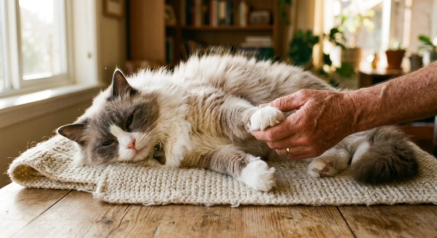 An intimate close-up of a person's hands gently checking the paw joints of a large, relaxed Ragdoll cat resting on a wool blanket.
