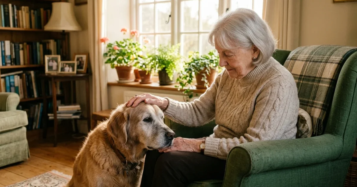 An older golden retriever with a gray muzzle rests its head on the lap of a senior woman in a sunlit living room.