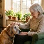 An older golden retriever with a gray muzzle rests its head on the lap of a senior woman in a sunlit living room.