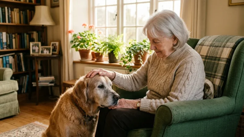 An older golden retriever with a gray muzzle rests its head on the lap of a senior woman in a sunlit living room.