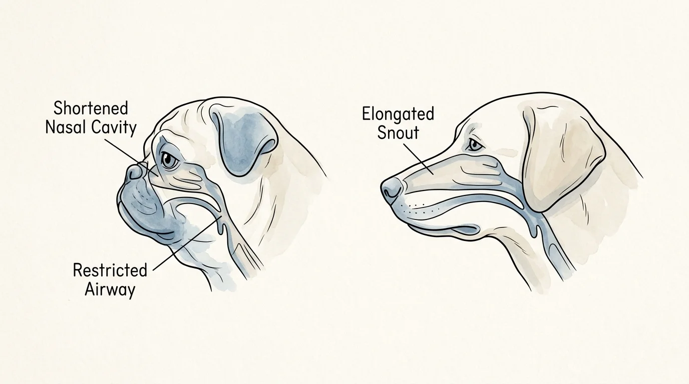 Anatomical diagram comparing a flat-faced dog's shortened nasal cavity to a standard dog's long, open airway.