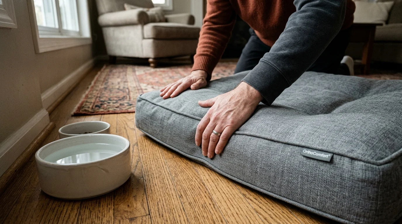 Close-up of hands placing a supportive gray orthopedic dog bed on a hardwood floor next to a low water bowl.