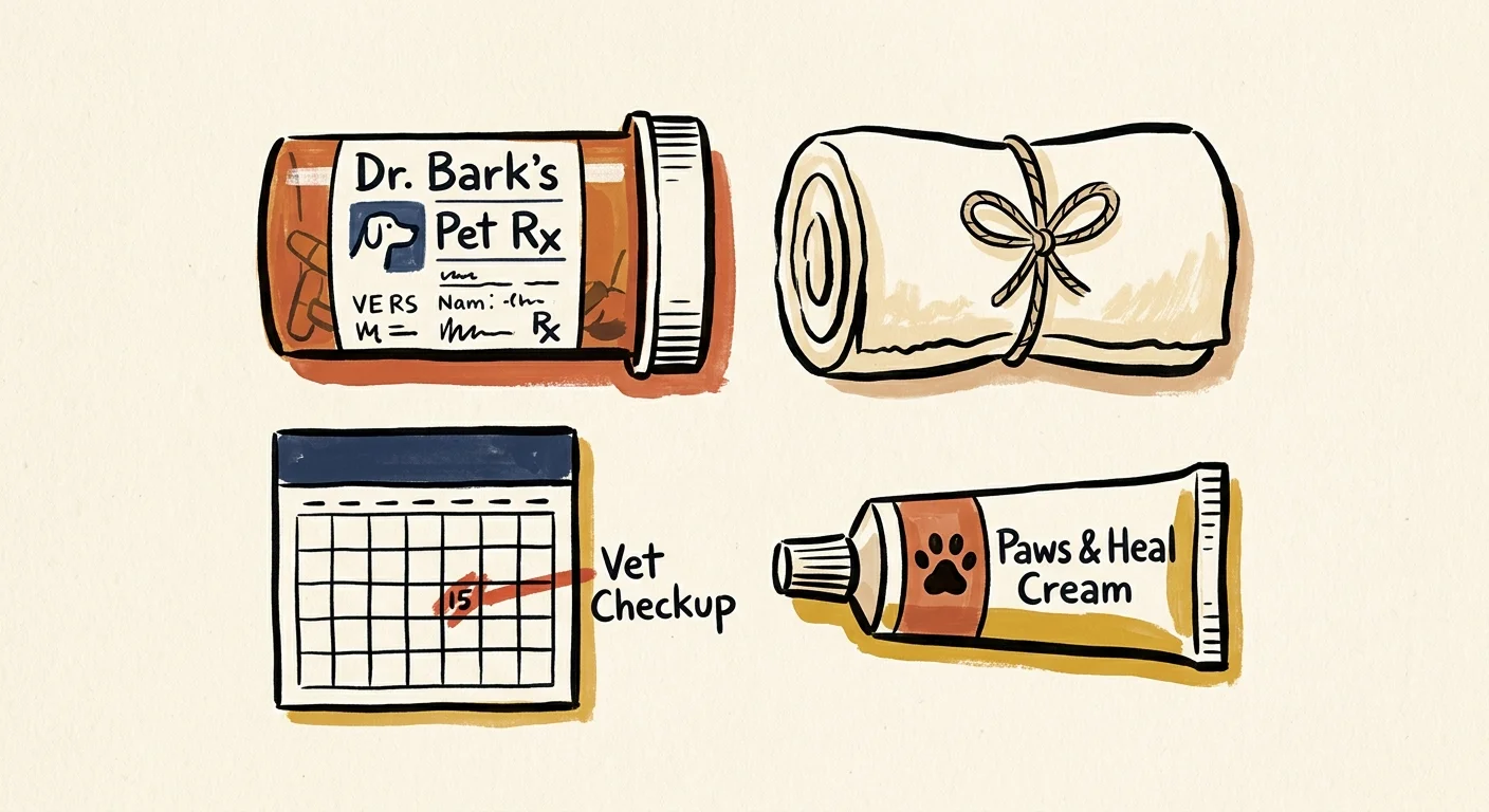 Ink and gouache illustration of veterinary care items, including a prescription bottle and a calendar, representing medical planning.