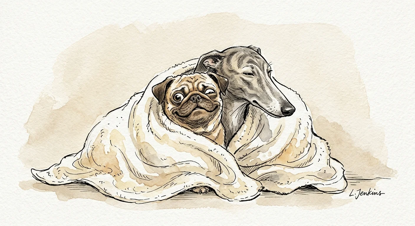 Watercolor illustration of a Pug and a Greyhound cozy and dry, huddled together inside a warm, fluffy bath towel.