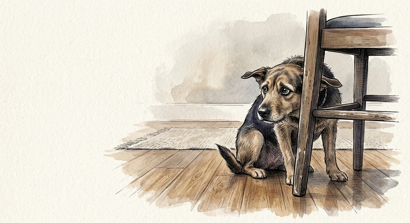 Watercolor illustration showing a dog's anxious body language, with lowered ears and a tucked tail, peeking from behind a chair.