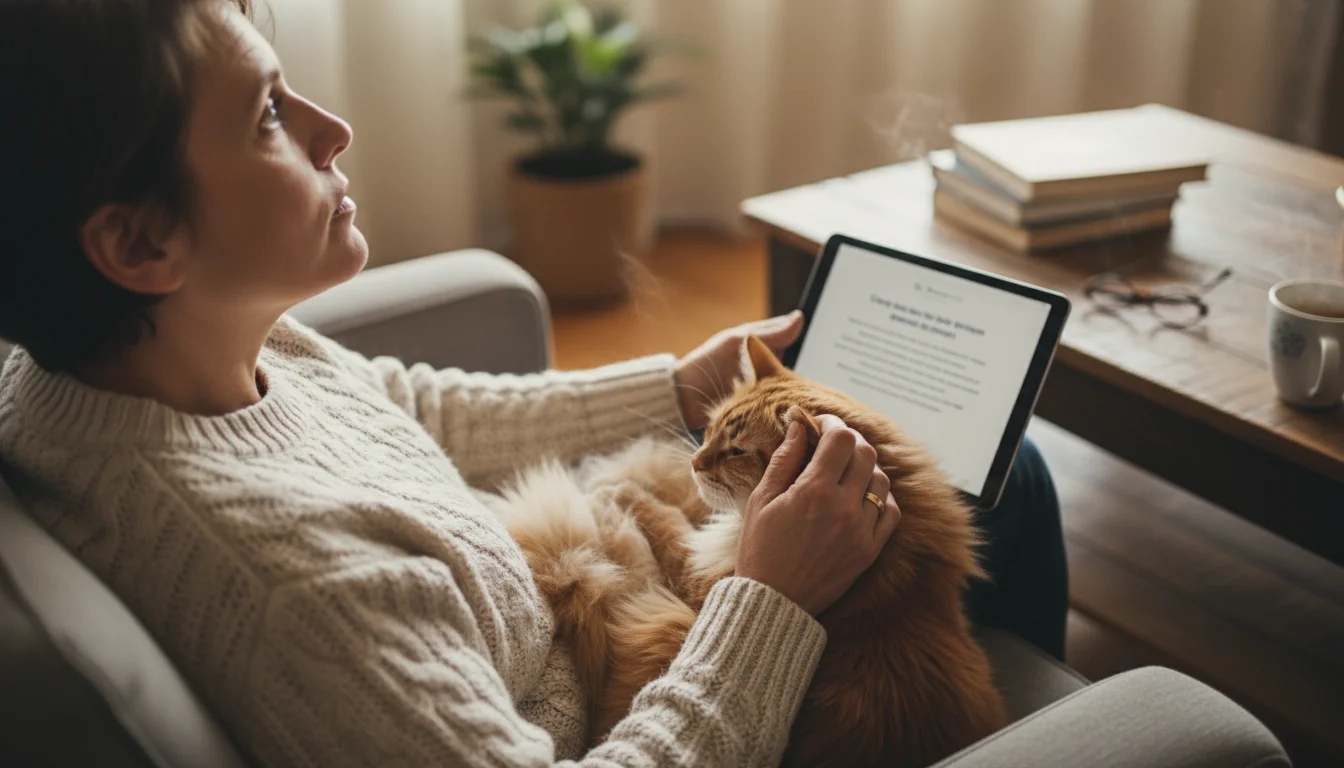An adult owner thoughtfully strokes a fluffy ginger cat on their lap, looking up from a blurred tablet with pet care information.