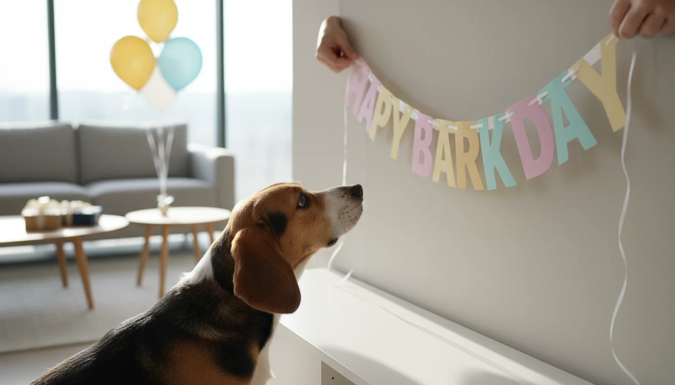 A beagle mix dog sniffs a fabric 
