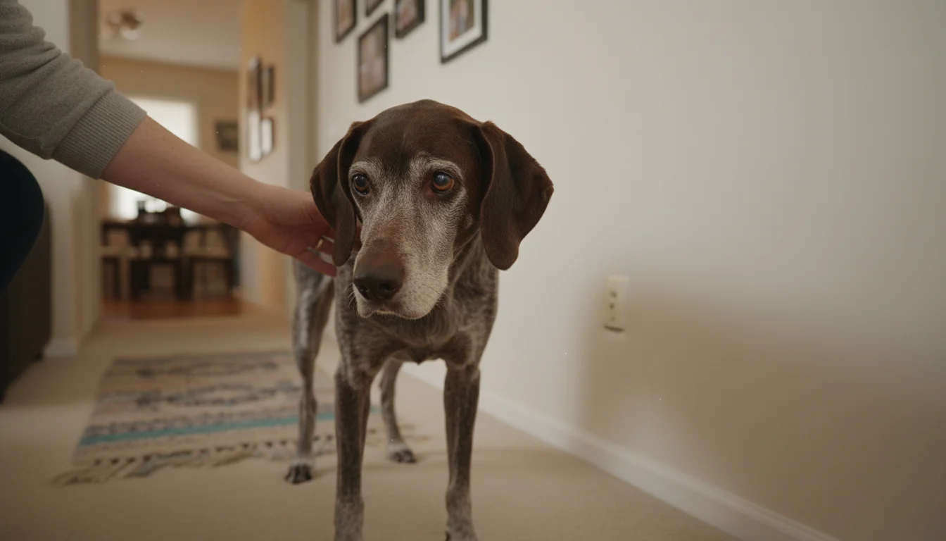 A grey-muzzled senior dog stands facing a wall, appearing confused, as a human's hand gently rests on its back.