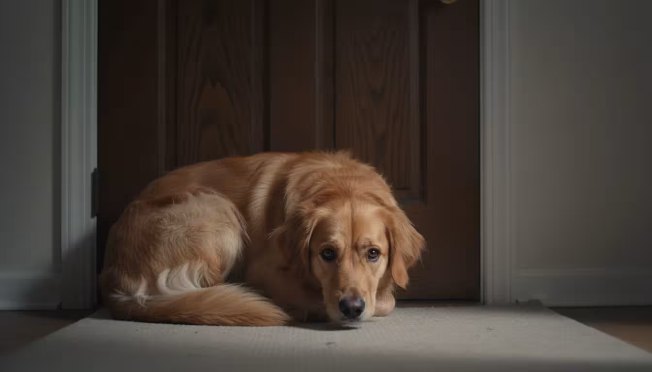 A mixed-breed dog is curled tightly against a closed wooden door, looking very sad and anxious, its eyes wide with distress.
