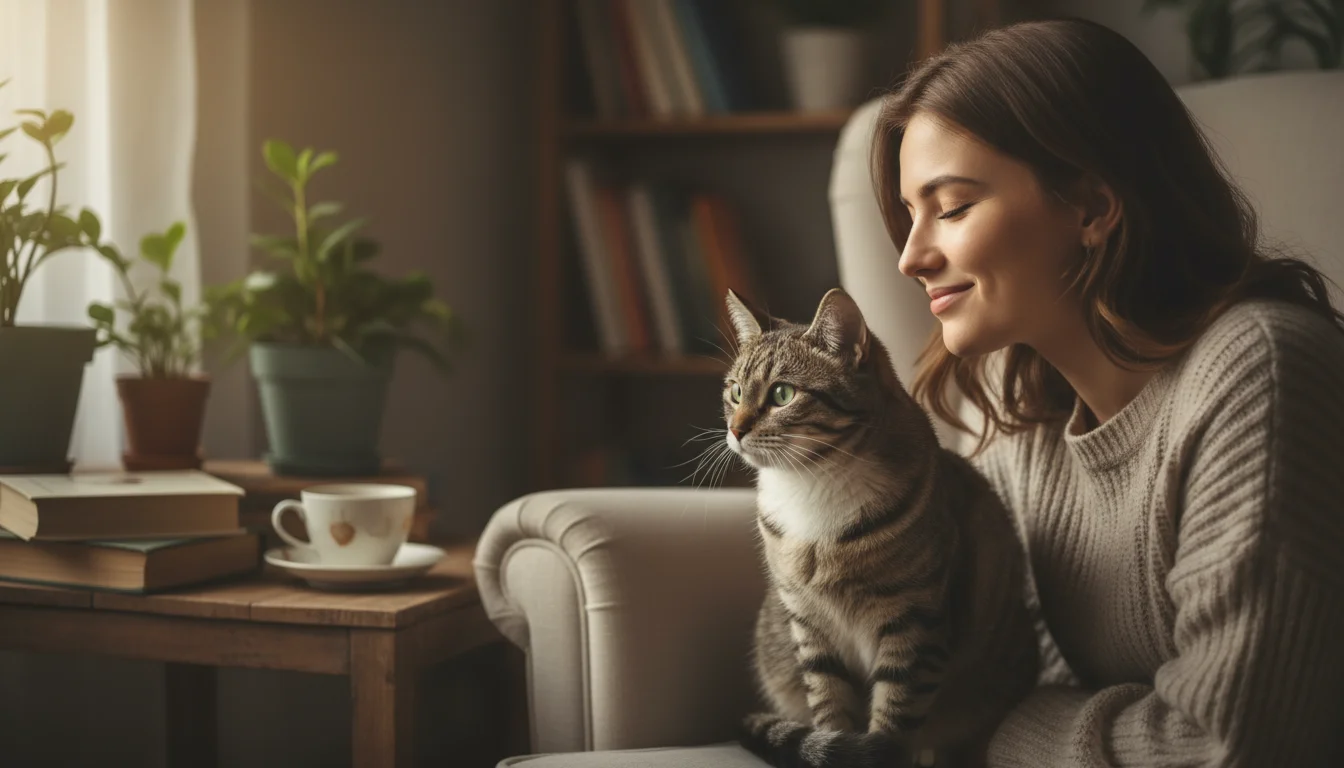 A person with partially closed eyes performs a slow blink towards a calm tabby cat, which looks back with soft, attentive eyes.