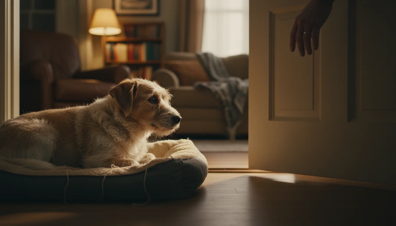 A relaxed terrier-mix dog lies in its bed, calmly watching a human hand gently close a door, a subtle sign of progress.