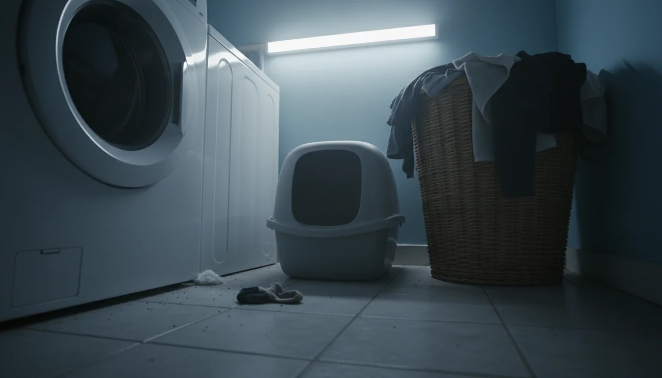 A small, hooded litter box is cramped between a running washing machine and a tall, overflowing laundry basket in a dim laundry room.