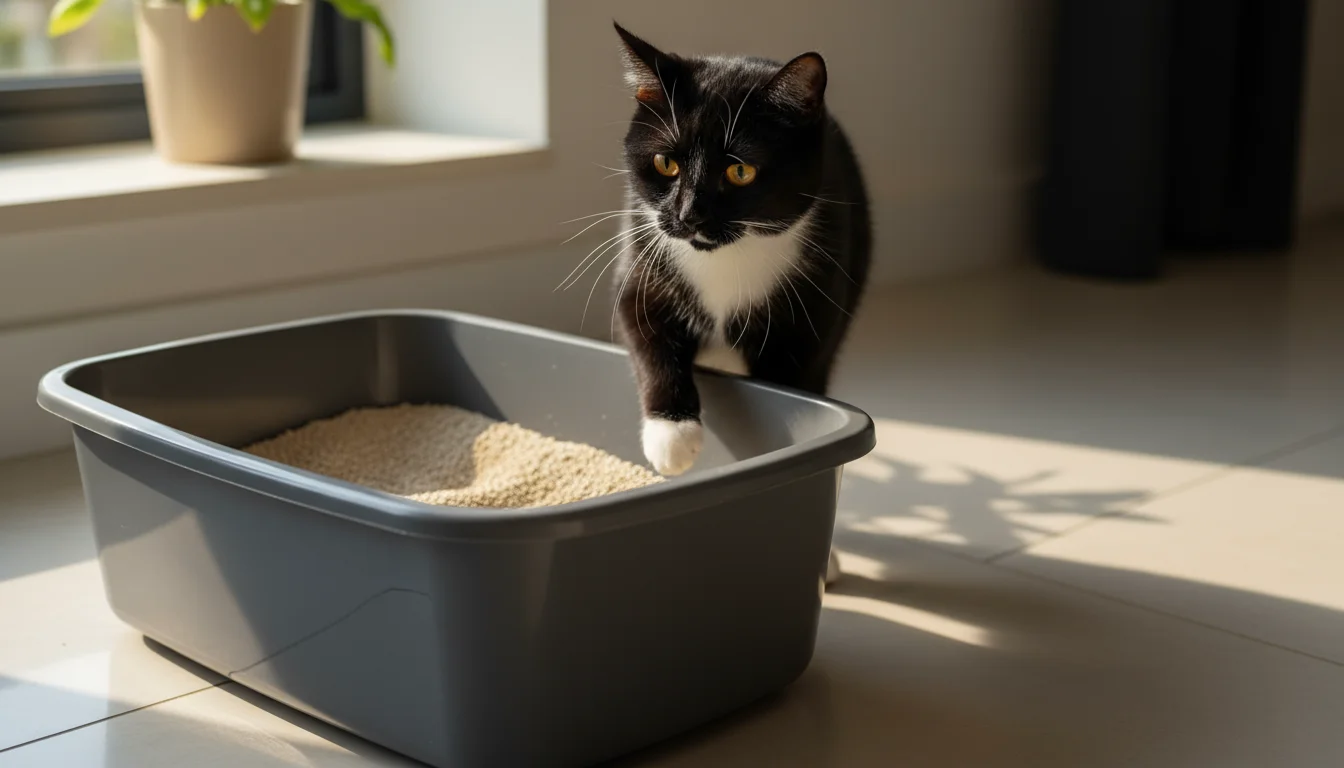 A tuxedo cat hesitates, one paw raised, peering thoughtfully into a clean litter box filled with fine, light-colored clumping litter.