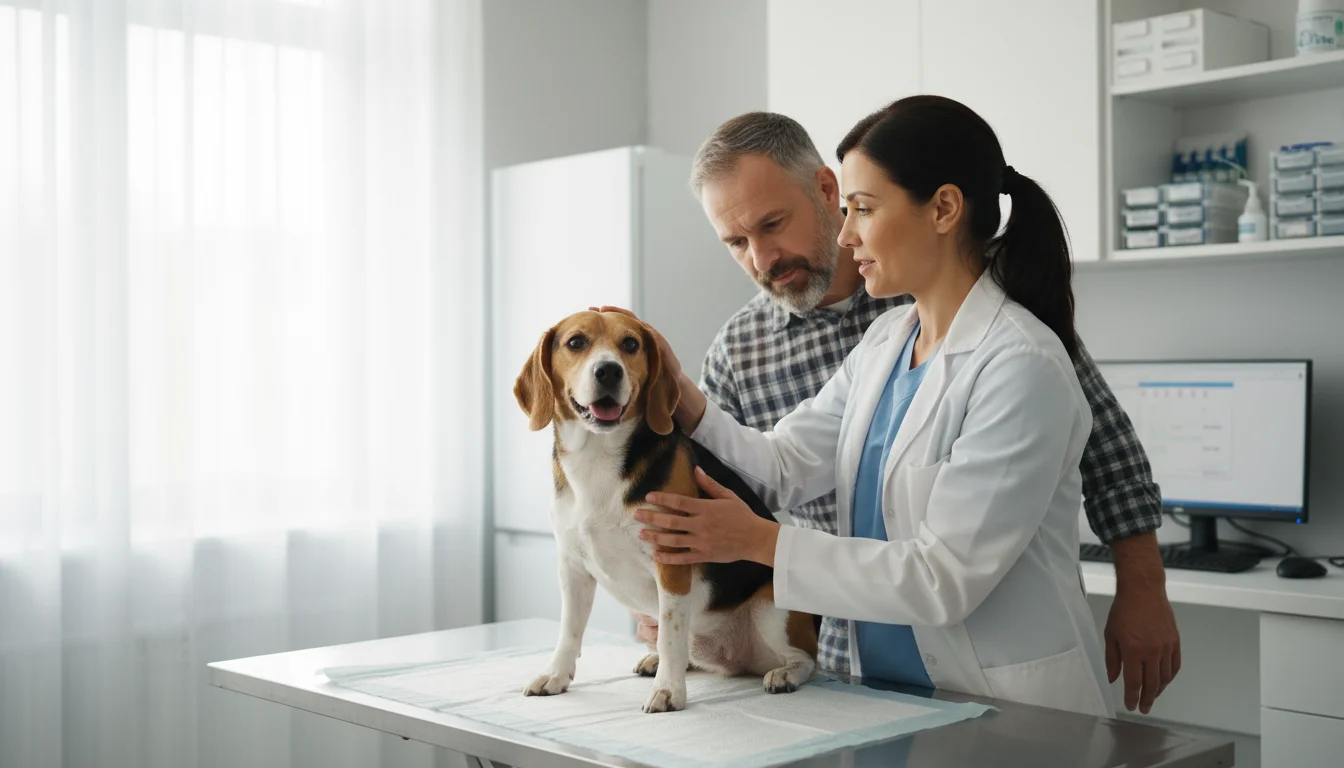 A veterinarian gently examines a beagle mix on an exam table while its owner listens attentively during a consultation.