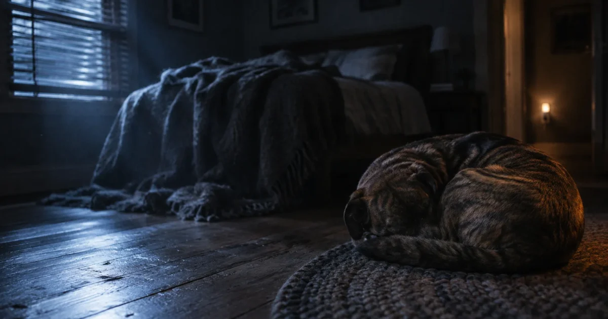 A brindle dog curled tightly into a ball sleeps on a braided rug on a dark wooden floor beside a bed.