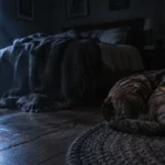 A brindle dog curled tightly into a ball sleeps on a braided rug on a dark wooden floor beside a bed.